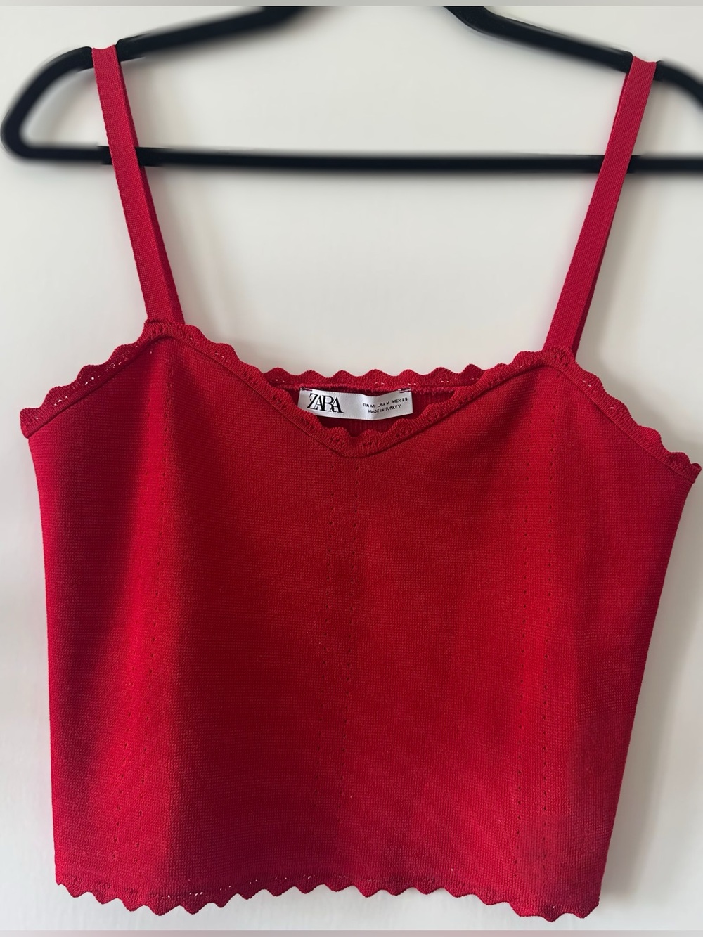 Zara Red Knit Crop Cami Top | Scalloped Hem | Stretchy Ribbed Tank | Size Medium